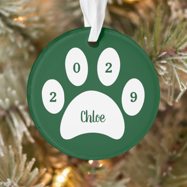 Ornamento White Paw Imprime Foto de Gato Verde com Nome Ano (Árvore)