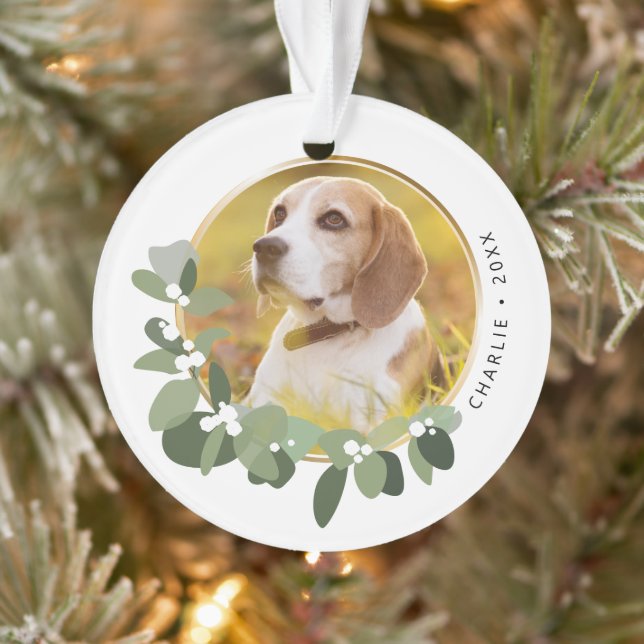 Ornamento Wreath Happy Holidays, Pet Dog Foto personalizada (Árvore)