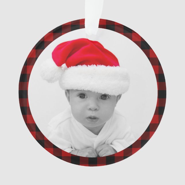 Ornamento Xadrez de Buffalo Vermelho - Foto do Bebê - Avós (Frente)