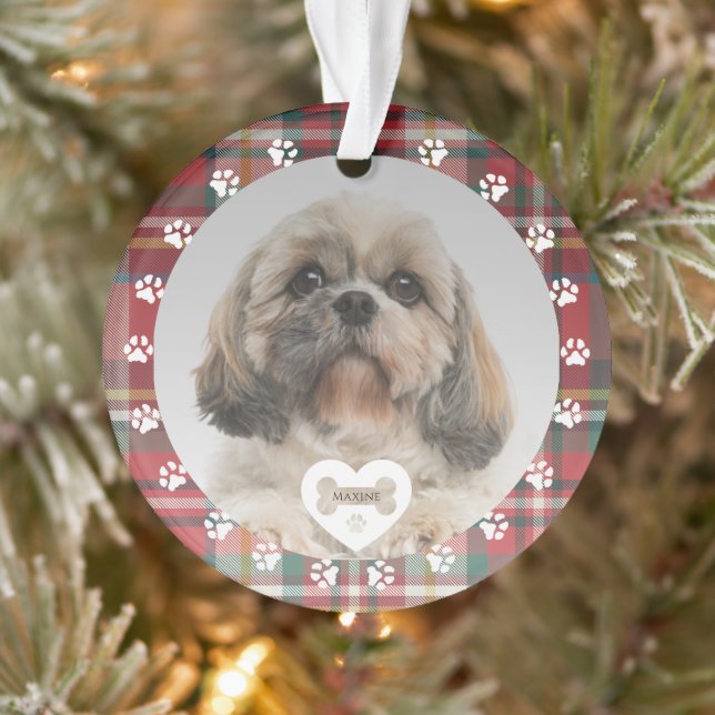 Ornamento Xmas Foto Pet Dog Shih Tzu Xadrez Vermelho (Árvore)