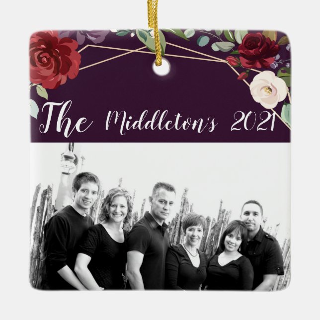 Ornamento XMAS Personalizado Rosas Roxos de ameixa (Frente)