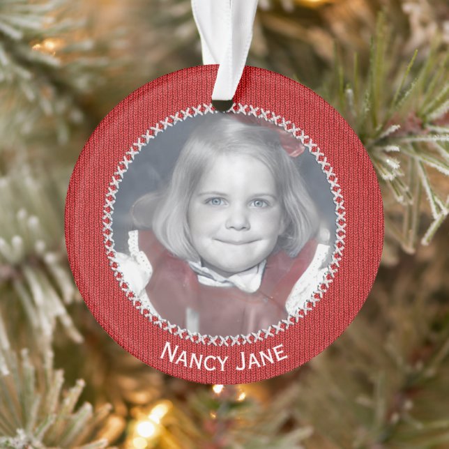 Ornamento Your Photo Red Knit Pattern Picture Frame (Árvore)