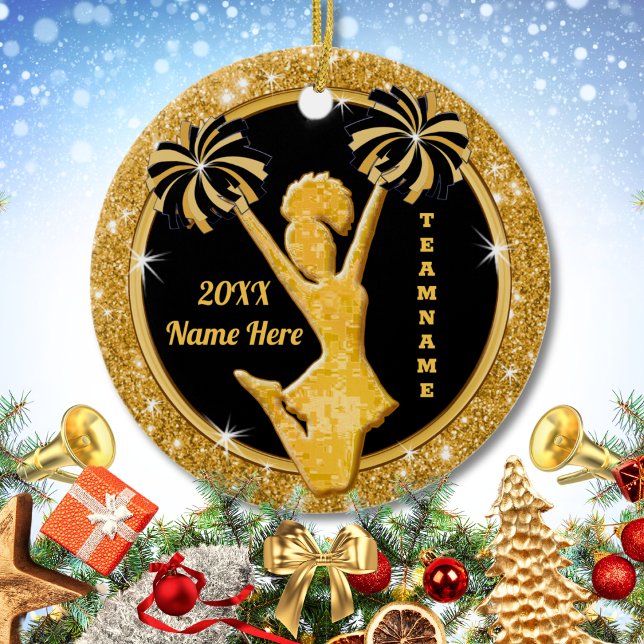 Ornamentos de Cheerleaderes Personalizados Dourado (Personalized Cheerleader Ornaments. Cheap Cheer gifts for squad. Great, Cheerleading party favors. )