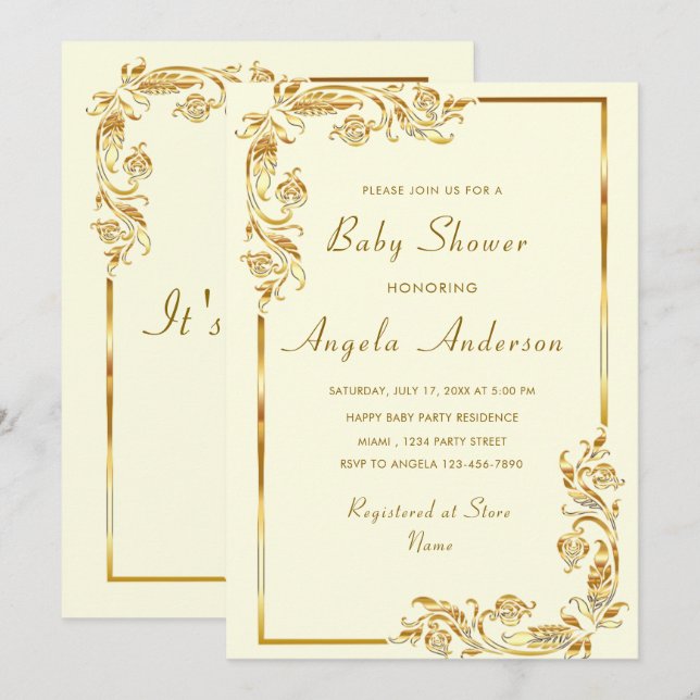 Ornamentos Dourados Enquadram Convite para Chá Bab (Frente/Verso)