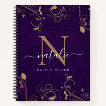 Ornamentos Florais Dourados Roxos Escuros Monogram