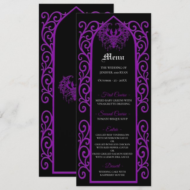 Ornate border black and purple Gothic Wedding Menu (Frente/Verso)