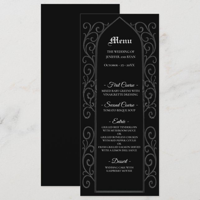 Ornate border black and white Gothic Wedding Menu (Frente/Verso)