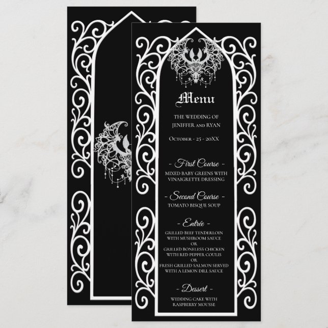 Ornate border black and white Gothic Wedding Menu (Frente/Verso)