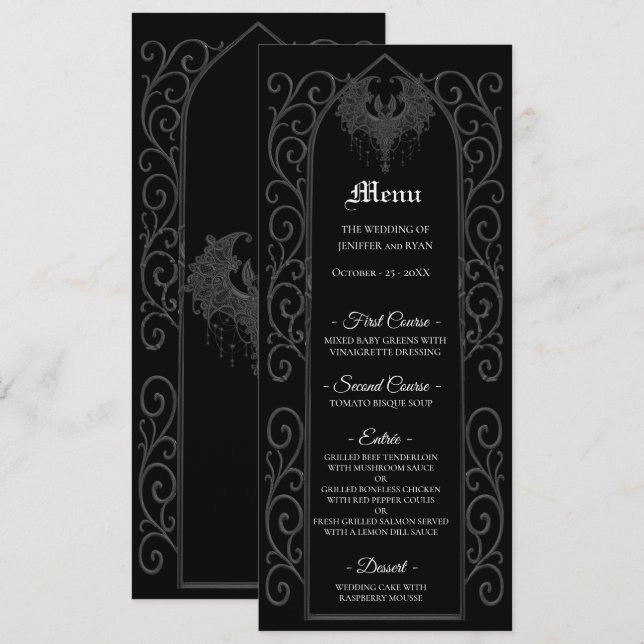 Ornate border black and white Gothic Wedding Menu (Frente/Verso)