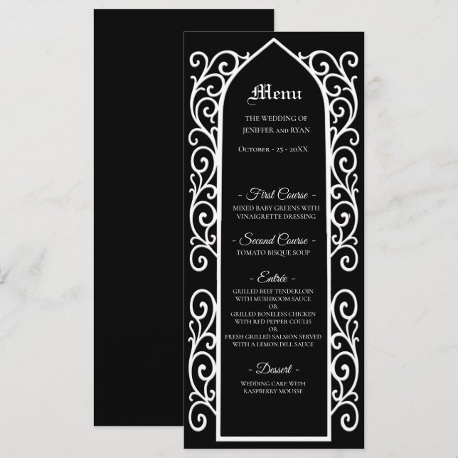 Ornate border black and white Gothic Wedding Menu (Frente/Verso)