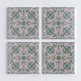 Ornate Floral Filigree Tile in Slate Green