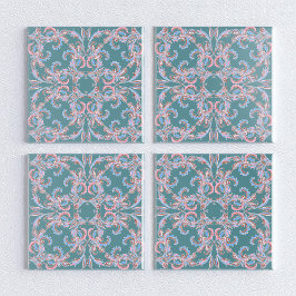 Ornate Floral Filigree Tile in Teal Blue