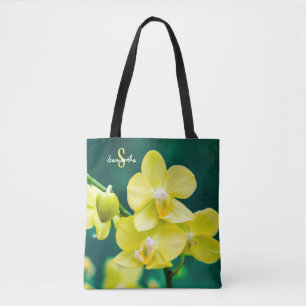 Orquídea Amarela na bolsa Tote verde