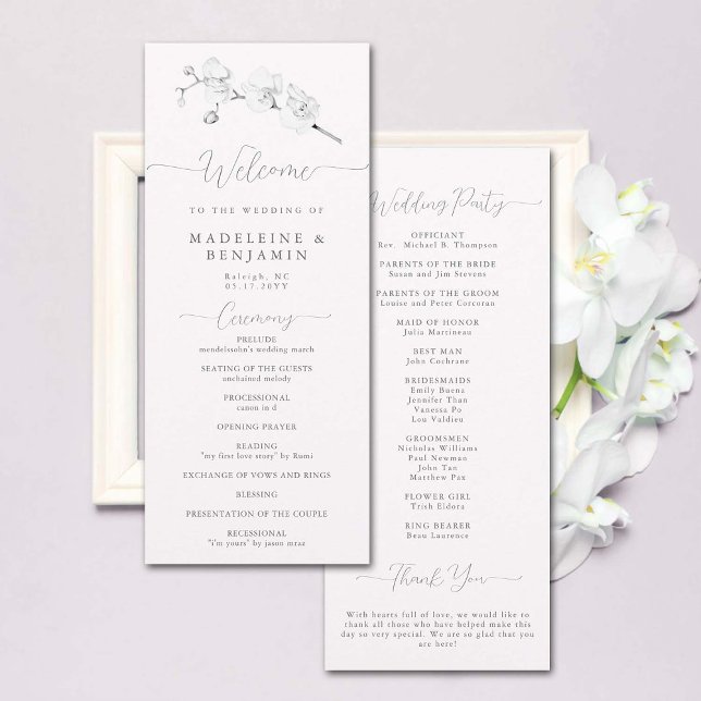 Orquídea Branca Simples e Elegante Programa Formal (wedding ceremony program black white orchid floral art sketch elegant modern classic formal chic)