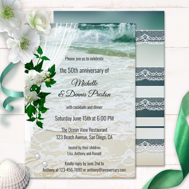 Orquídea Praia e Convite de festas de Aniversário  (Anniversary invitation showing white orchid flowers on a wedding veil overlooking a beach with lace)