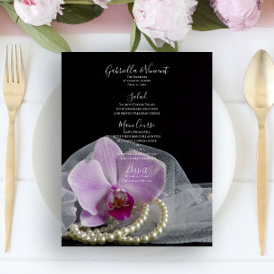 Orquídea Rosa e Pérolas no Menu Casamento Negro
