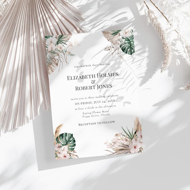 Orquídea Tropical e Convite para Casamento de Mons (Tropical Orchid and Monstera Wedding Invitation on a sunny white table with dry white palm leaf.)