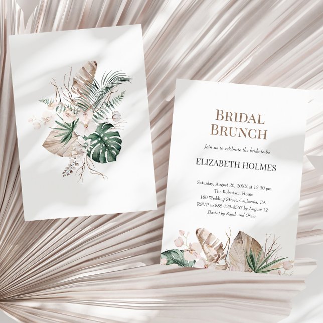 Orquídea Tropical Monstera Bridal Brunei Convite (Tropical Orchid Monstera Bridal Brunch Invitation on a sunny neutral dry palm leaf.)