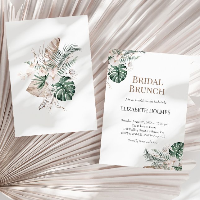 Orquídea Tropical Monstera Bridal Brunei Convite (Tropical Orchid Monstera Bridal Brunch Invitation on a sunny neutral dry palm leaf.)