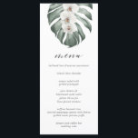 Orquídeas Brancas no Menu Casamento Tropical de Mo<br><div class="desc">Um elegante design de cardápio para um casamento tropical, praia ou destino, este simples design inclui adoráveis orquídeas brancas sobre uma luxuosa folha de Monstera em tons suaves de água. Um modelo de texto é incluído para personalizar com os itens de menu desejados. Se desejar adicionar ou remover linhas de...</div>