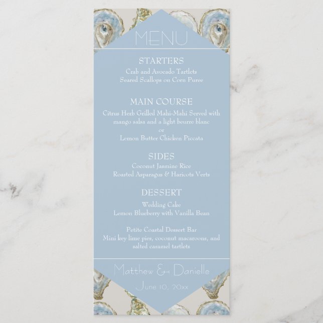 Ostras Aquarela Casamento - Menu Plano Azul Claro (Frente)