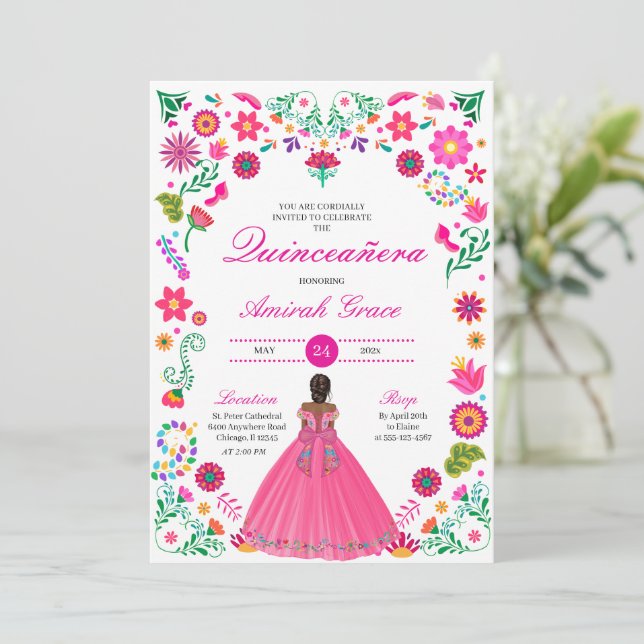 Otomi Embroiderme Princesa Quinceañera Convite (Em pé/Frente)