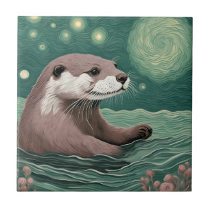 Otter em uma Sage do Oceano Noturno Estrelada e Ro