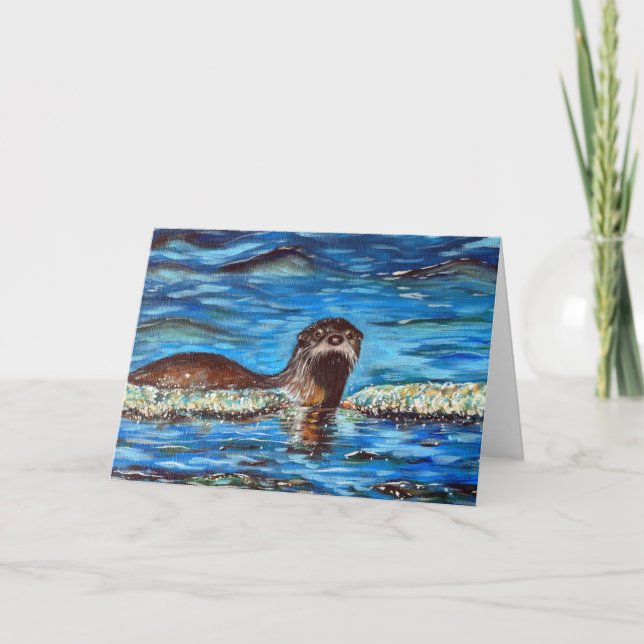 Otter no Cartão de Saudação de Pintura de Ondas (Frente)