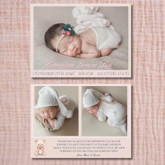 Our Little Bear Pink 3 Photo Birth Announcement  (Criador carregado)