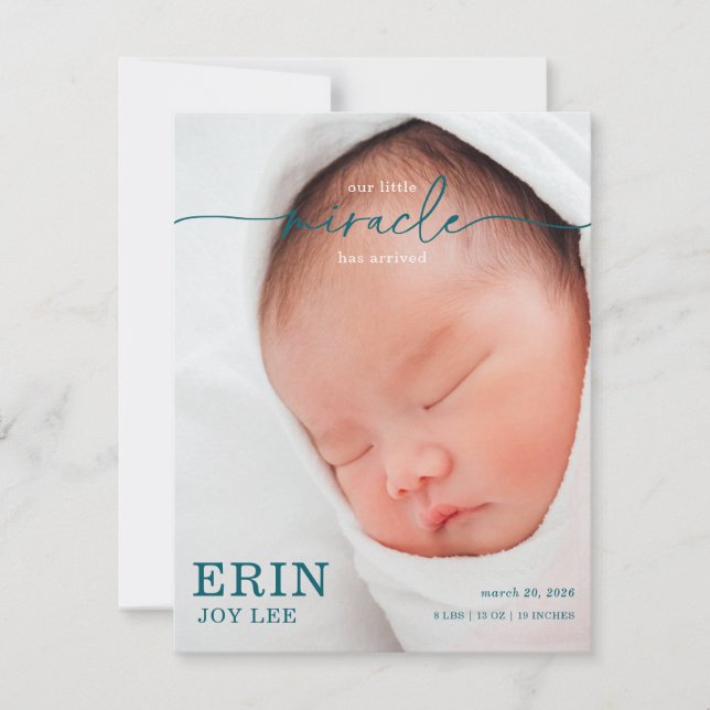 Our Little Miracle Baby Announcement card (Frente)