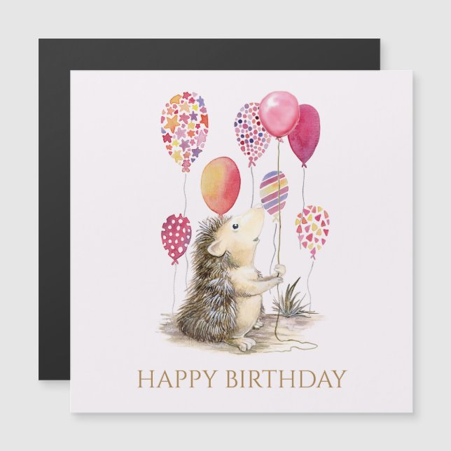 Ouriço com balões cor-de-rosa Feliz Aniversário (Frente/Verso)