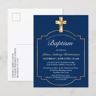 Ouro Azul Elegante Cross Boys Convite Baptism