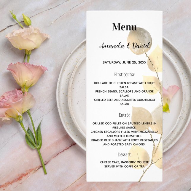 Ouro branco de menu de casamento eucalipto (Criador carregado)