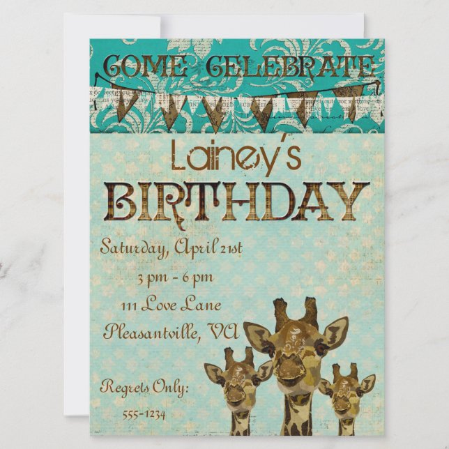 Ouro Damask Girafas Blue - Convite de Aniversário (Frente)
