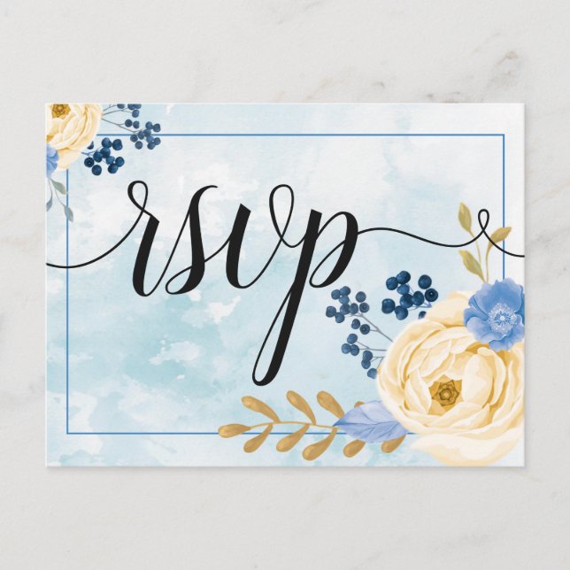 Ouro de colheita em bruto azul floral convite rsvp (Frente)