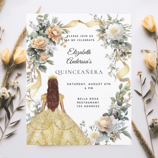 Ouro de quinceanera veste floral convite verde (Criador carregado)