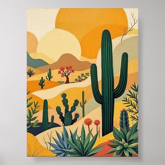 Ouro Desert Cactus Sunset Landscape Art Poster (Frente)