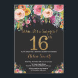 Ouro do convite do aniversário da surpresa floral<br><div class="desc">Convite do aniversário da surpresa floral 16o para mulheres. Flor floral da aguarela. Preto e brilho Dourado. Flor cor-de-rosa, amarela, alaranjada, roxa. Aniversário de criança. Para a senhora Adolescente Adolescente da menina. Para uma personalização mais adicional, clique por favor "personalizam-no" botão e usam-nos nossa ferramenta de design para alterar este...</div>