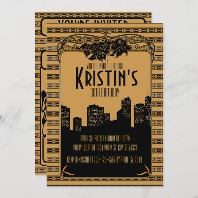 ouro dos anos 20, convites de festas do art deco (Frente/Verso)