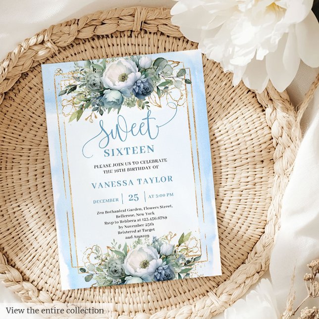 Ouro Dusty Blue Floral Sweet 16 Convite (Golden Dusty Blue White Floral Sweet 16 Invitation)