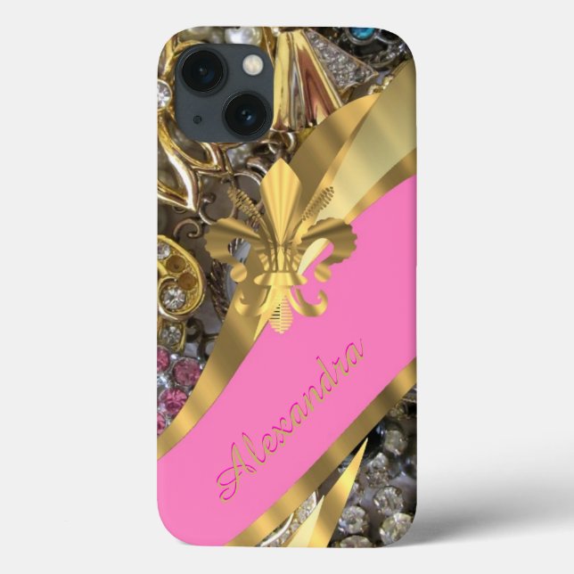 Ouro elegante chic personalizado e borla rosa (Verso)