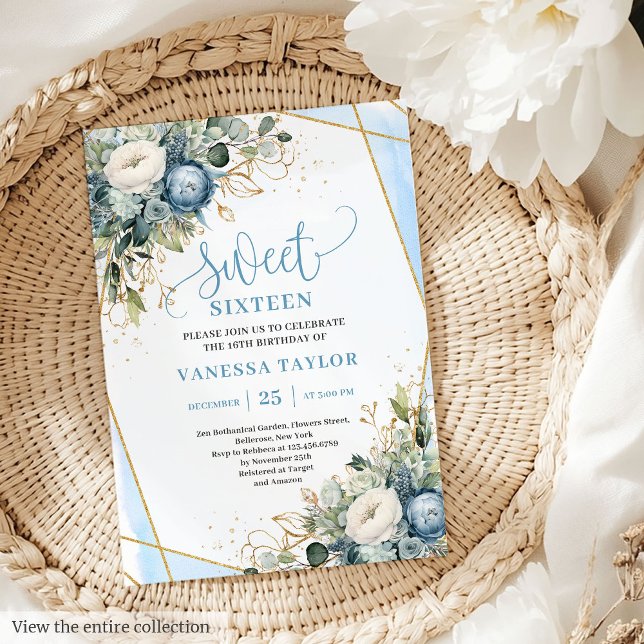 Ouro floral, doce, empoeirado, 16 convite (Elegant dusty blue gold floral sweet 16 invitation

)