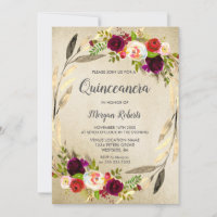 Ouro Floral Wreath Quinceanera Convite