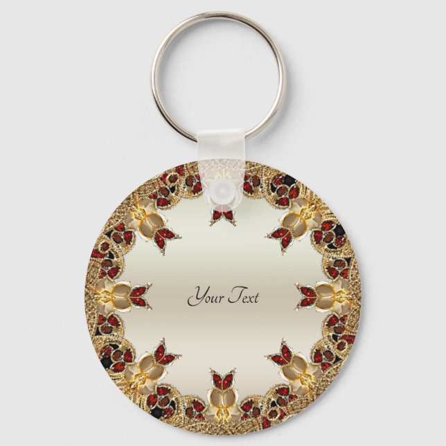 Ouro Flores Chaveiro de Gemstone Vermelho (Frente)