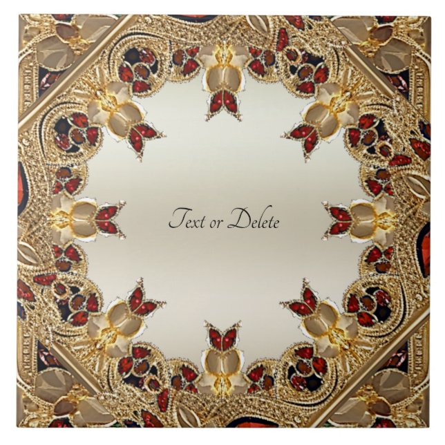 Ouro Flores Vermelho Gemstone Azulejo Cerâmico (Frente)