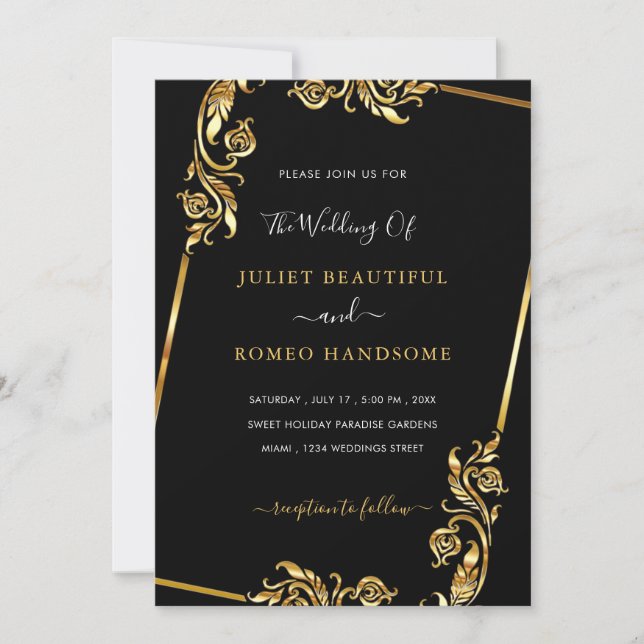 Ouro Folhas Enquadradas Casamento Convite Preto Do (Frente)