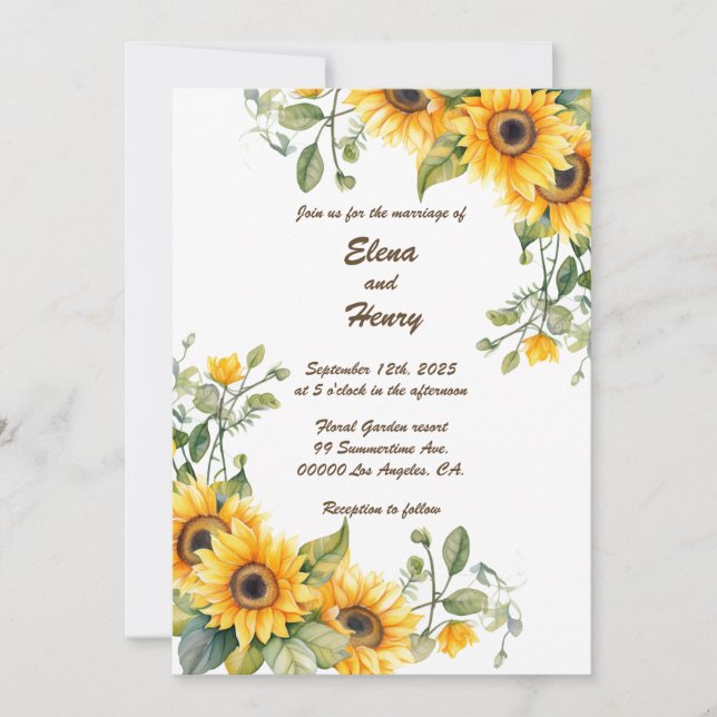 Ouro Girassóis: Convite personalizado para casamen (Frente)