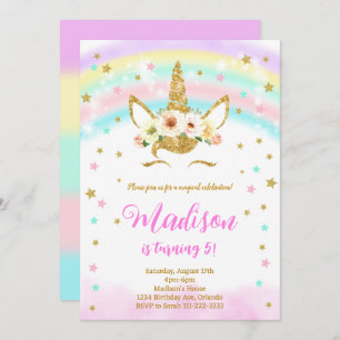 Ouro Glitter Rainbow Unicorn Convite de Aniversári