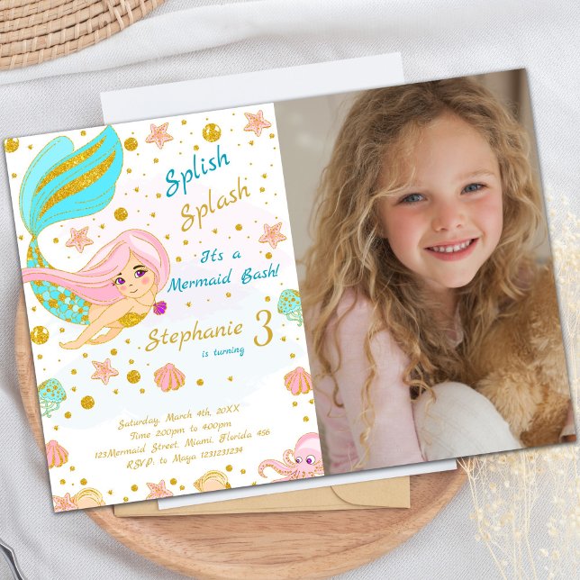 Ouro Glitter Sereia Convite de Aniversário (Photo Golden Glitter Mermaid Birthday Invitations)