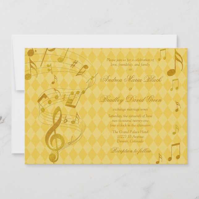 Ouro Harlequin Music Notes Convite para Casamento (Frente)
